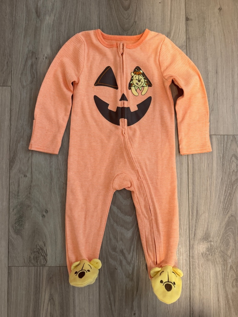 Disney Orange Winnie the Pooh Pumpkin Face Footed One-Piece